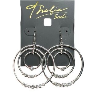 THALIA SODI Circle Rhinestone Earrings Tiered Silver Hooks NEW